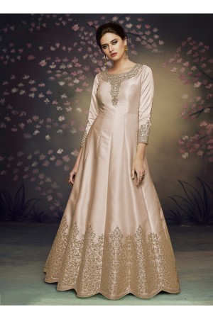 Beige satin silk gown style embroidered anarkali suit 3076